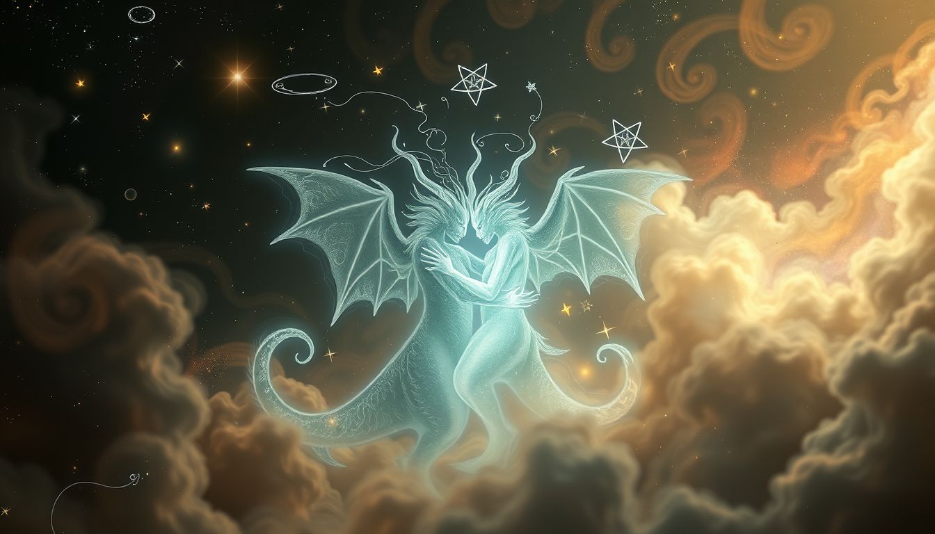 Paarende Fabelwesen symbolisieren kreative Kraft und spirituelle Einheit.