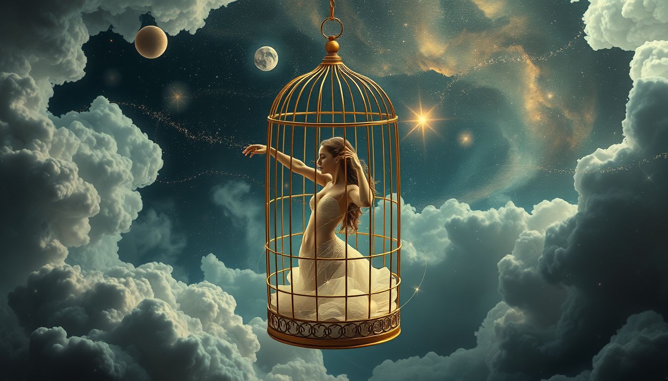 Der goldene Käfig symbolisiert Schönheit gefangen in gesellschaftlichen Zwängen.