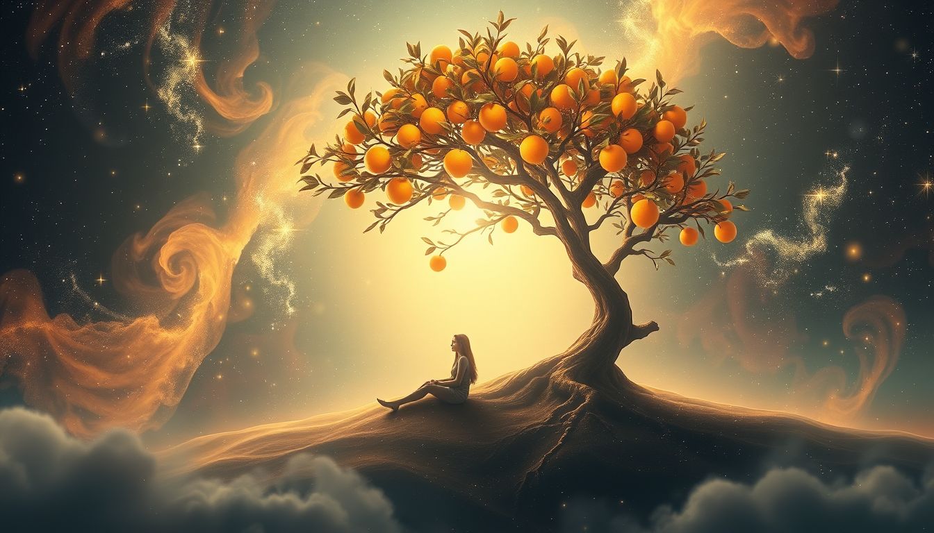 Unter einem Mandarinenbaum sitzen symbolisiert Ruhe und innere Zufriedenheit.