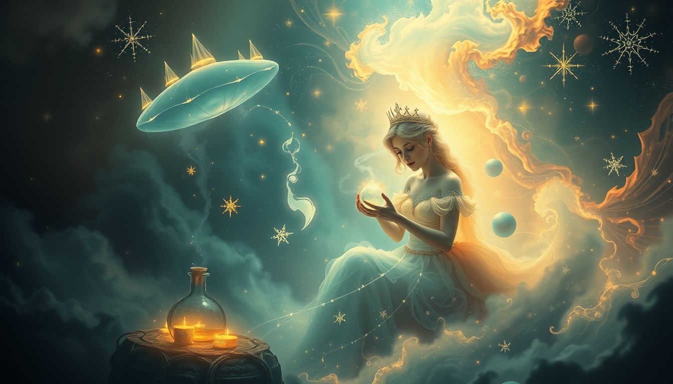 Eine Prinzessin, die Zaubertrank braut, symbolisiert innere Transformation.