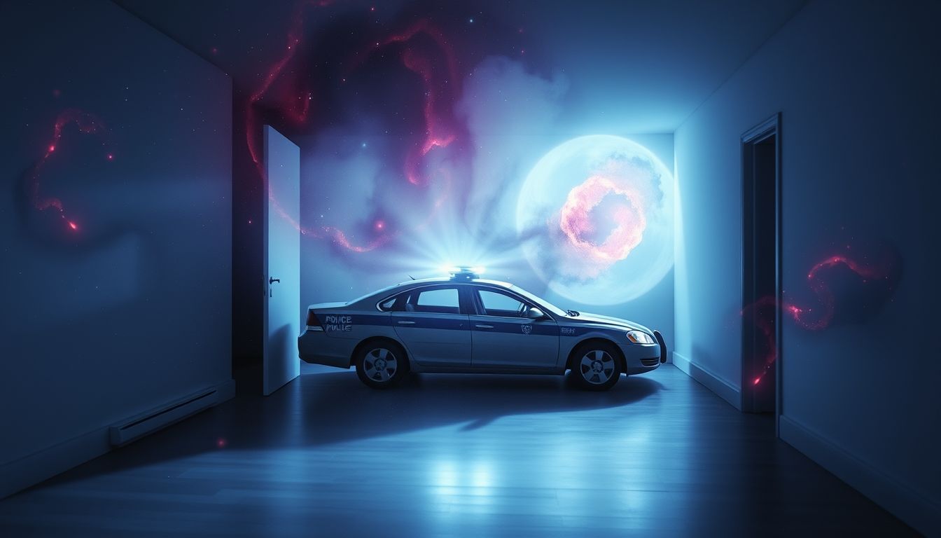 Ein Polizeiauto im Haus symbolisiert innere Konflikte und Kontrolle.