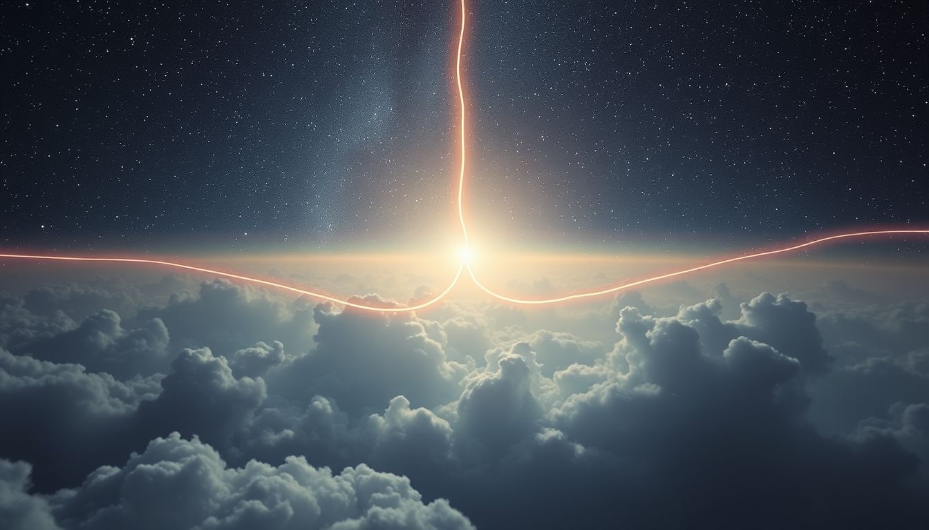 Ein Seil im Himmel symbolisiert Verbindung zwischen Erde und Spiritualität.