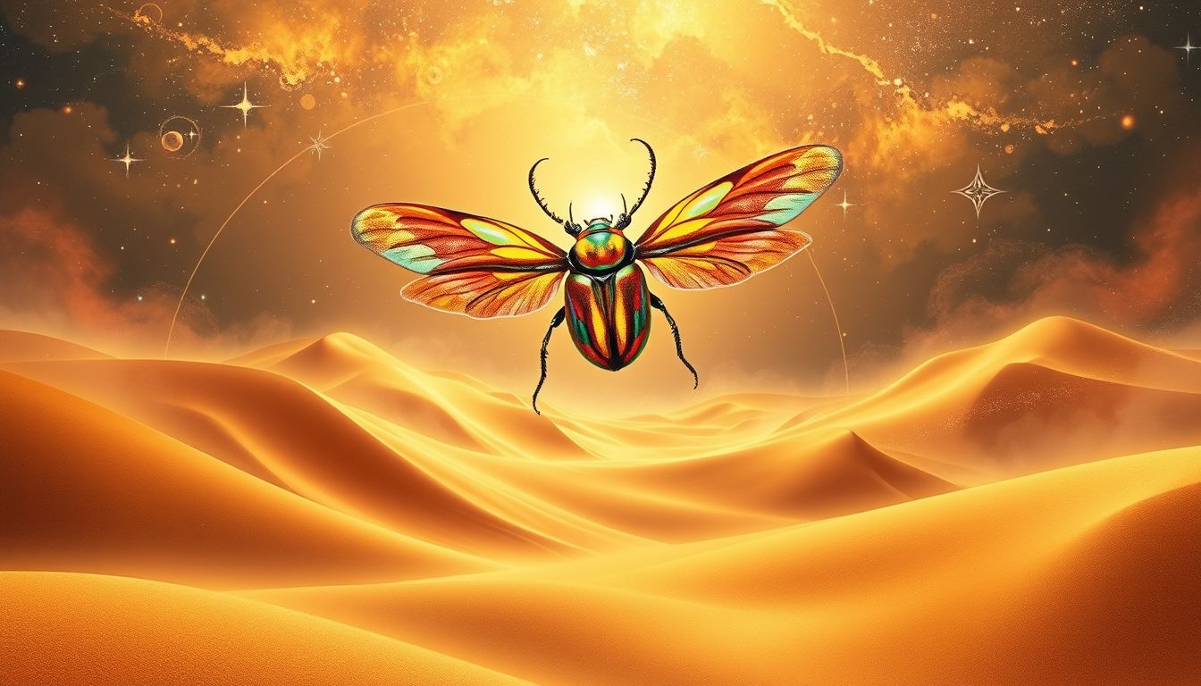Ein Skarabäuskäfer in der Wüste symbolisiert spirituelle Führung und Schutz.