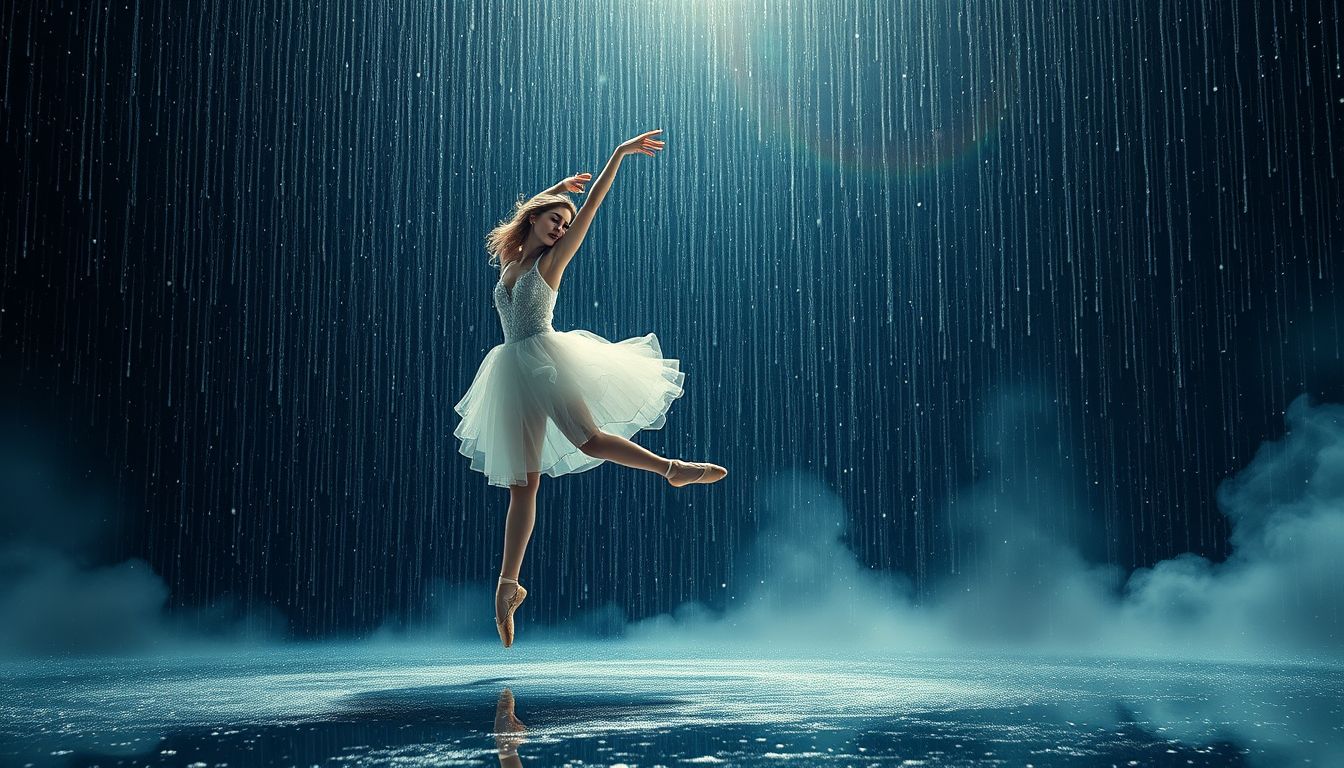Im Regen tanzende Balletttänzerin symbolisiert Freiheit und Emotionen.