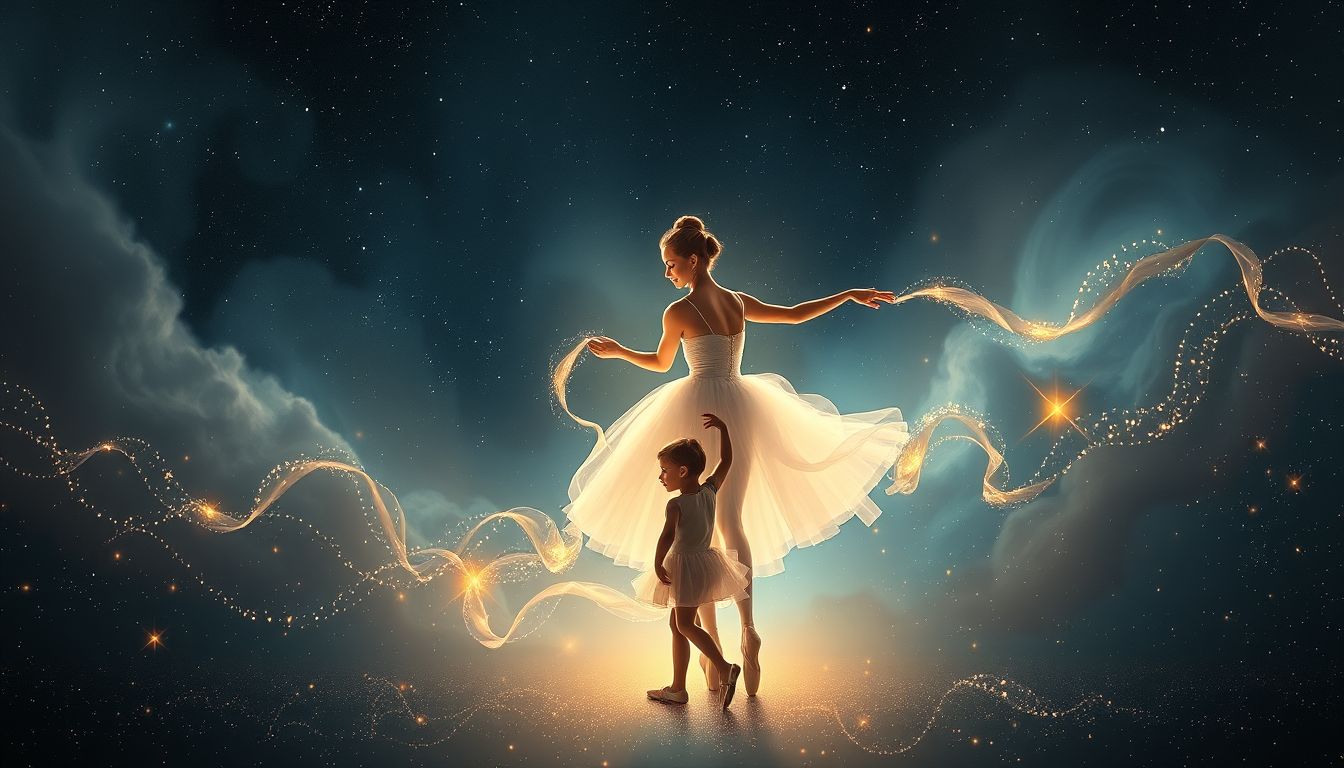 Eine Balletttänzerin, die ein Kind unterrichtet, symbolisiert Anleitung.
