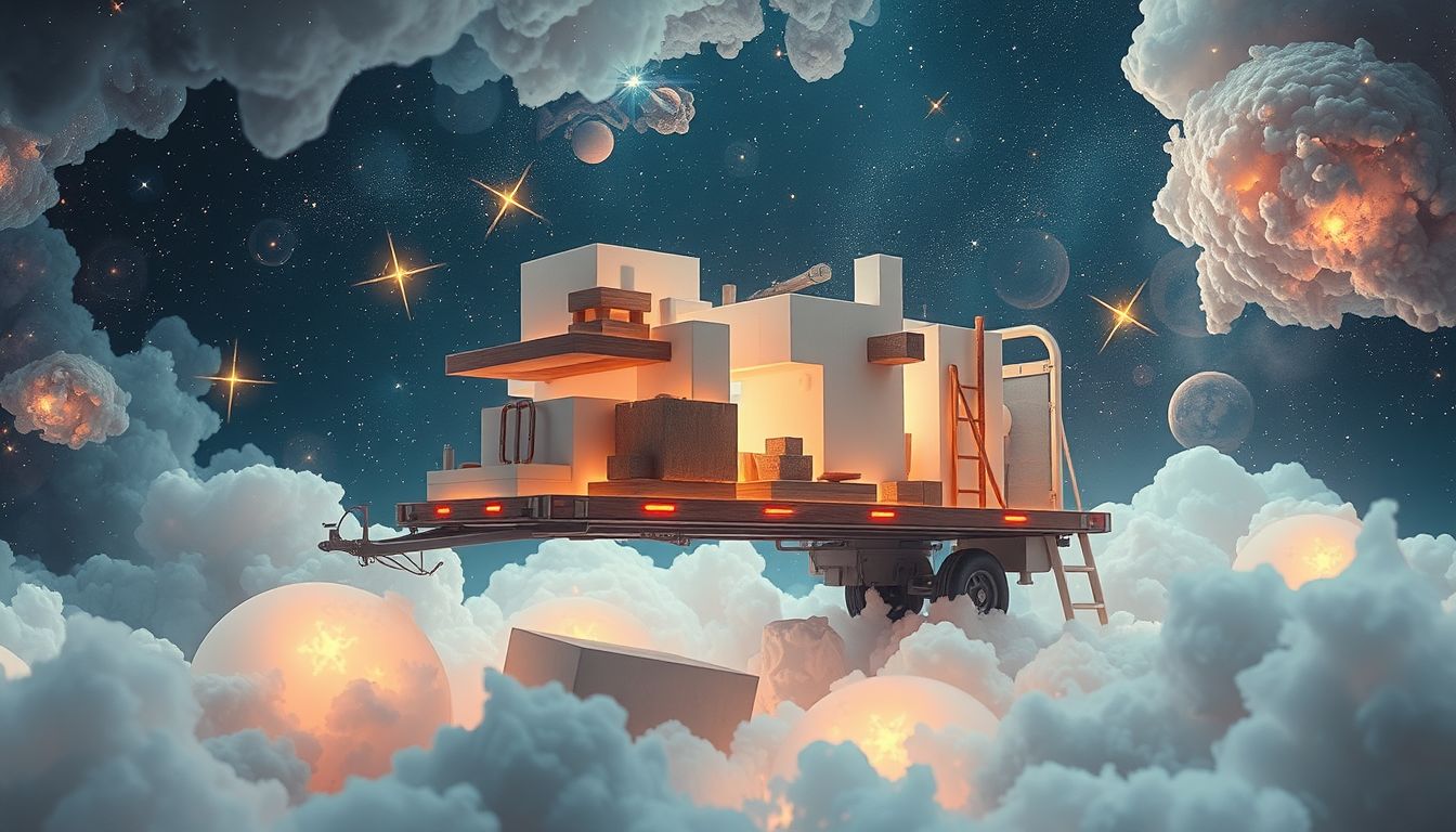 Ein Anhänger mit Baumaterialien symbolisiert Aufbau und Neuanfang.