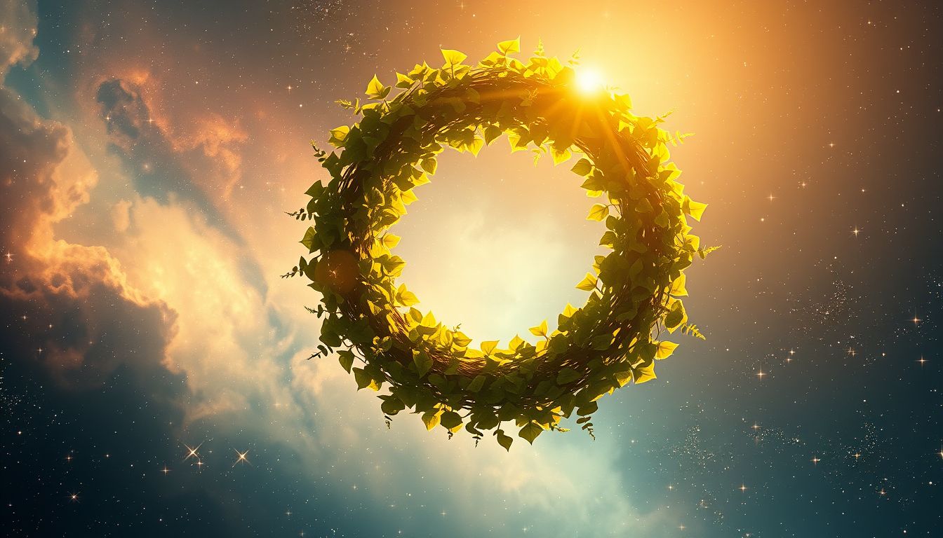 Ein Efeukranz im Sonnenlicht symbolisiert unerschütterliche Lebensfreude und Hoffnung.