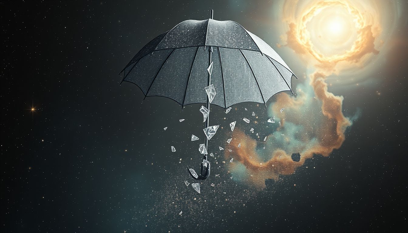 Ein kaputter Sonnenschirm symbolisiert oft unerwartete Schutzlosigkeit und Trauer.