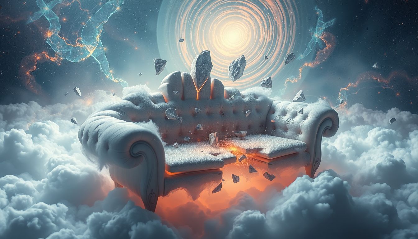 Ein zerbrechendes Sofa symbolisiert innere Unsicherheit und Versagensangst.