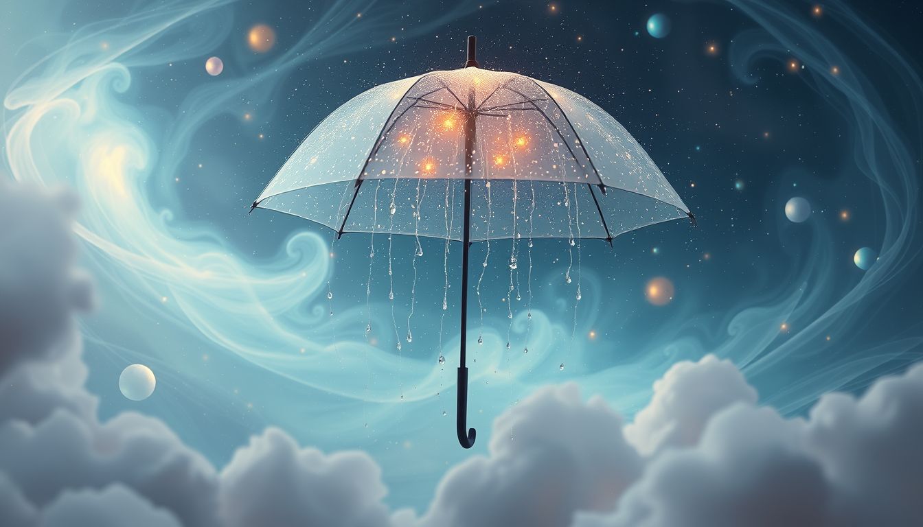 Ein Sonnenschirm im Regen symbolisiert unerwarteten Schutz und Anpassungsfähigkeit.