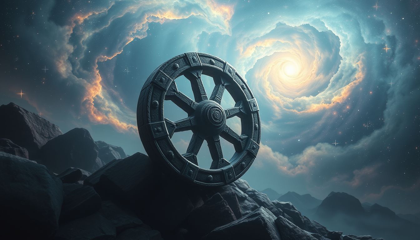 Ein steinernes Wagenrad symbolisiert unerschütterliche Stärke im Traum.