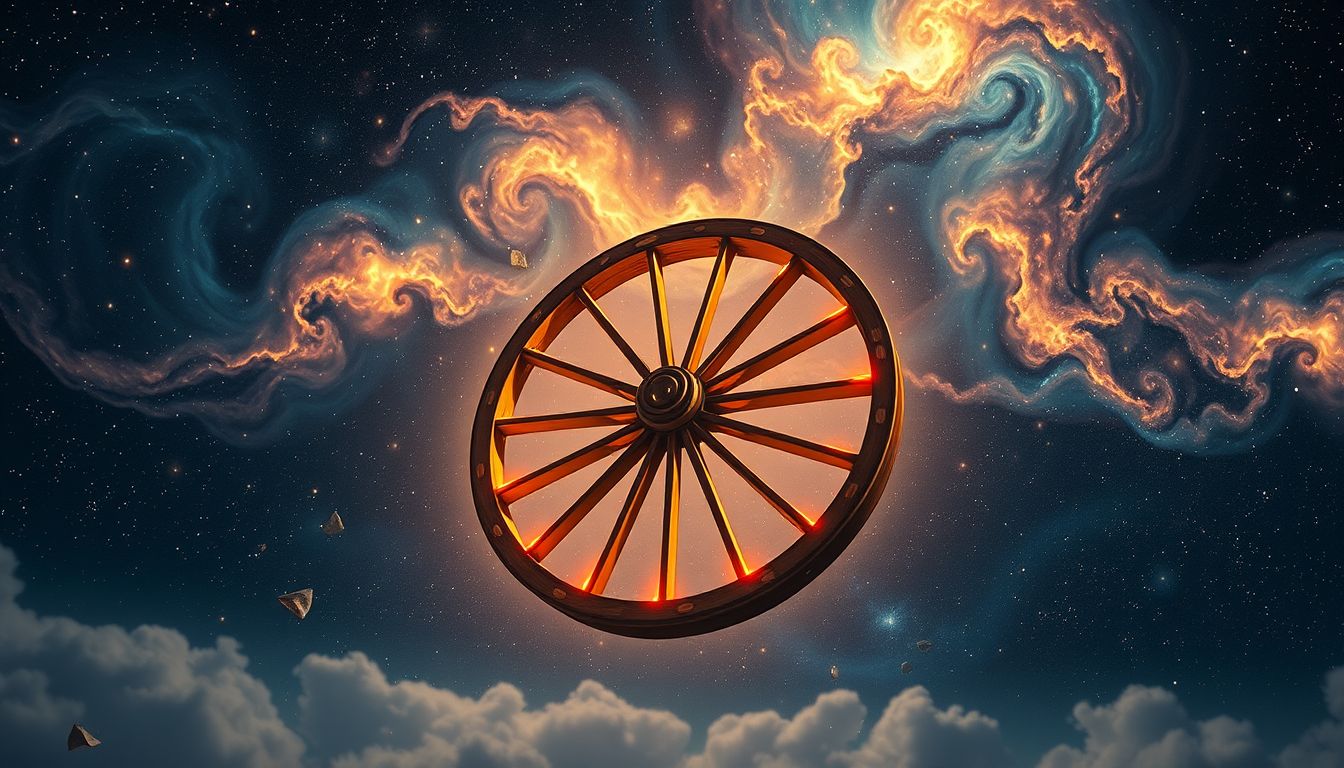 Ein fallendes Wagenrad symbolisiert plötzliche Schicksalsschläge und Wendungen.
