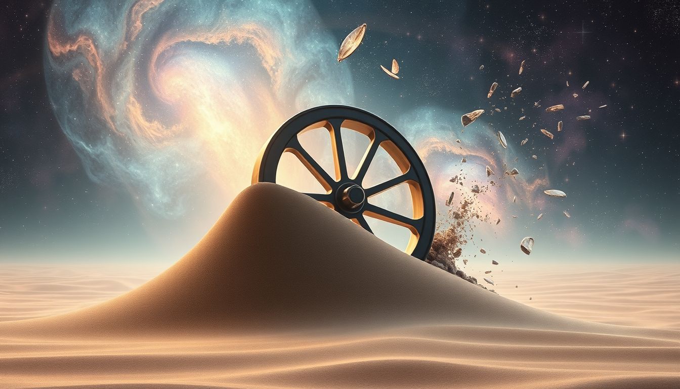 Ein Wagenrad im Sand symbolisiert fragile Lebensgrundlagen und Wandel.