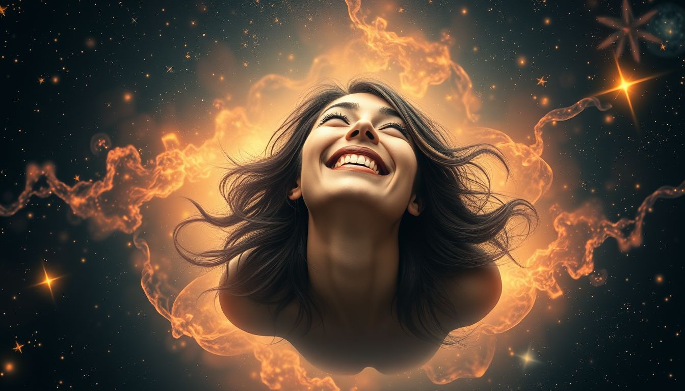 Eine lachende brünette Frau symbolisiert Freude und positive Veränderungen.