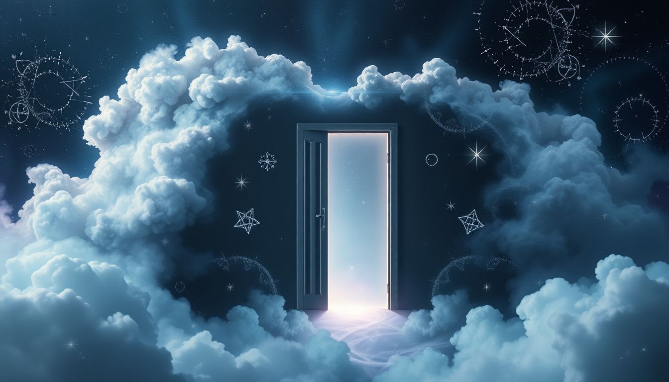 Eine Schreibtafel als Tür symbolisiert neuen Lebensabschnitt und Wandel.