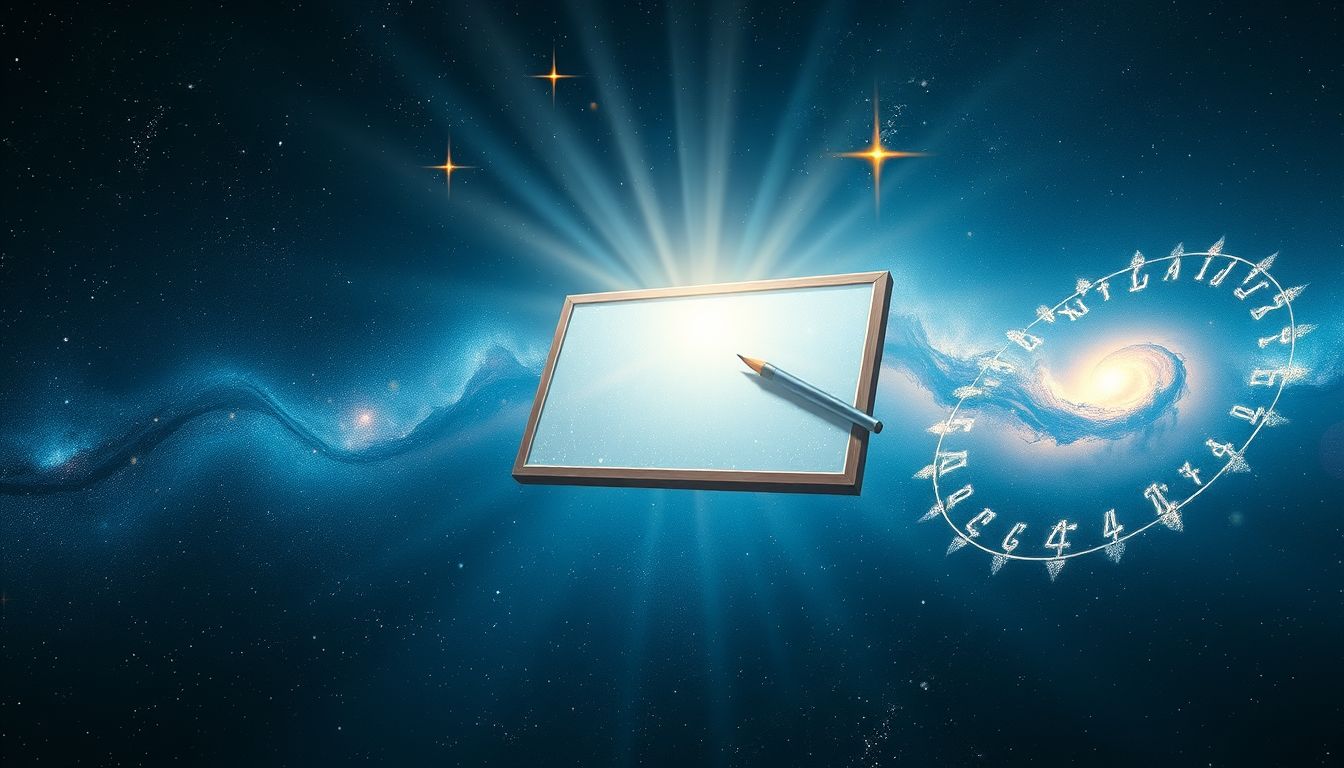 Eine leuchtende Schreibtafel symbolisiert plötzliche Klarheit und Inspiration.