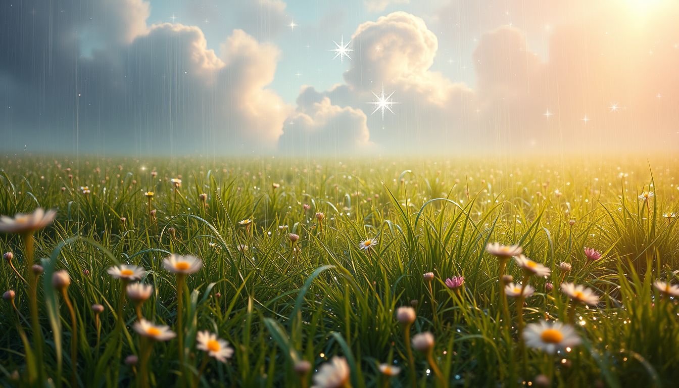 Eine regennasse Wiese symbolisiert emotionale Reinigung und Neubeginn.