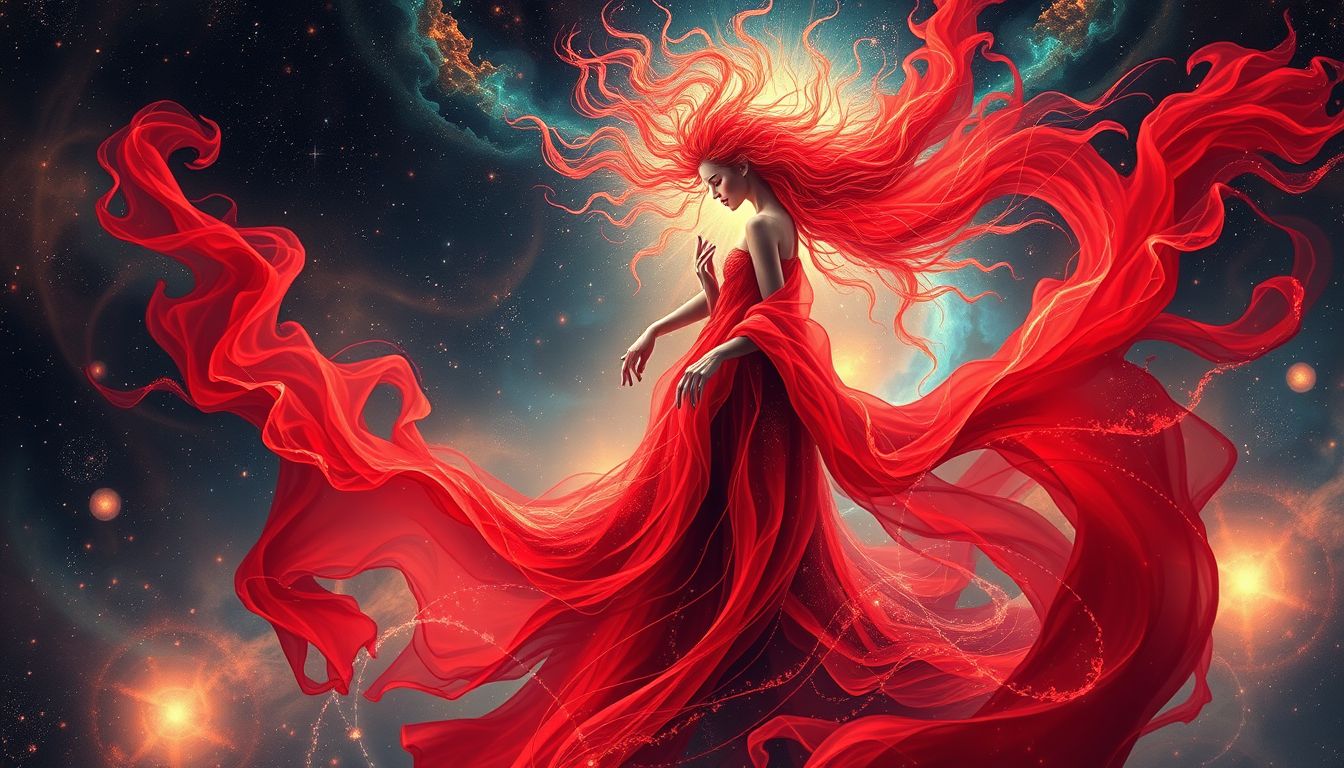 Kali in Rot symbolisiert kraftvolle Leidenschaft und unbändige Lebenskraft.