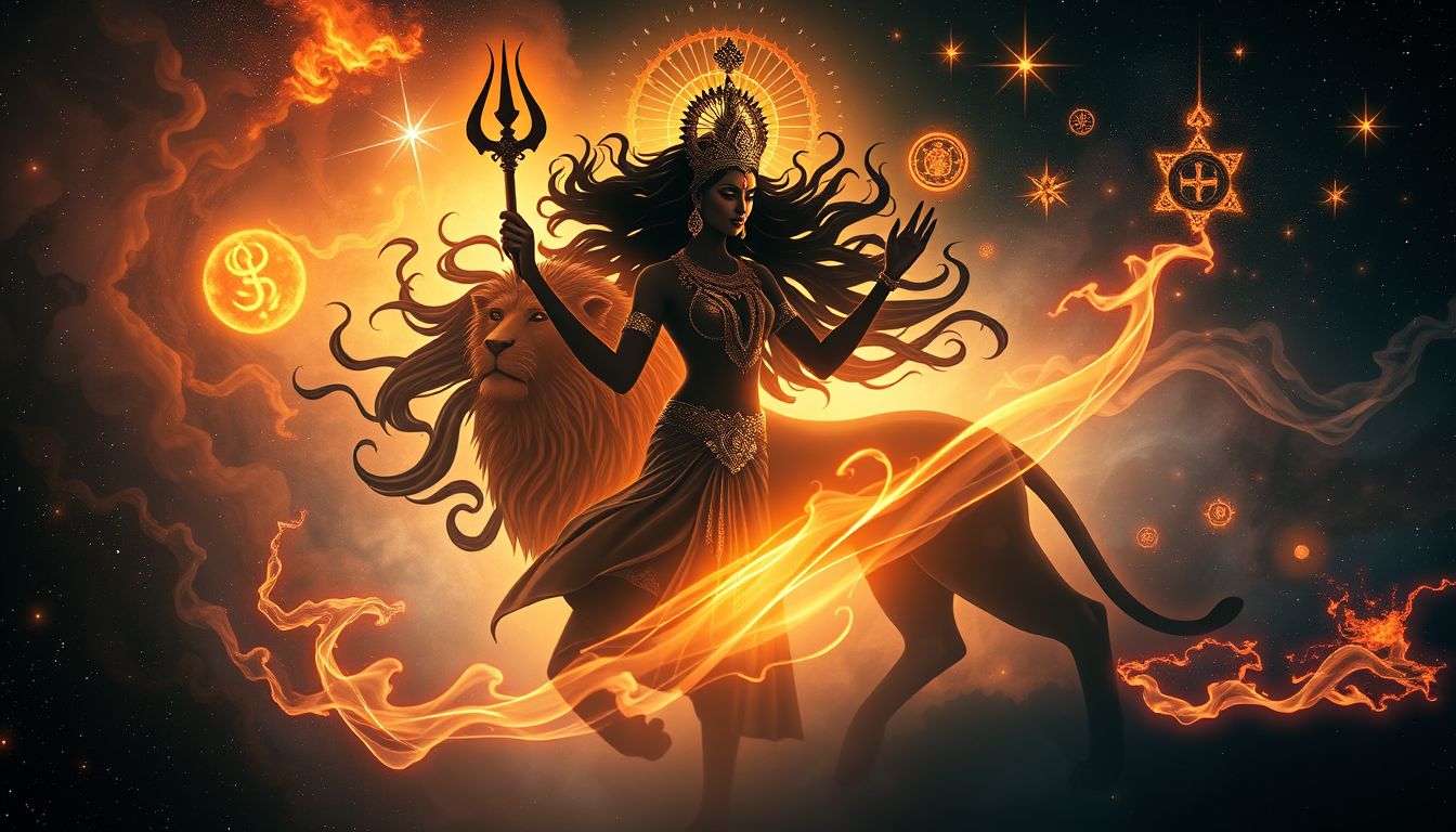 Kali mit Löwen symbolisiert unerschütterliche Kraft und mutige Führung.