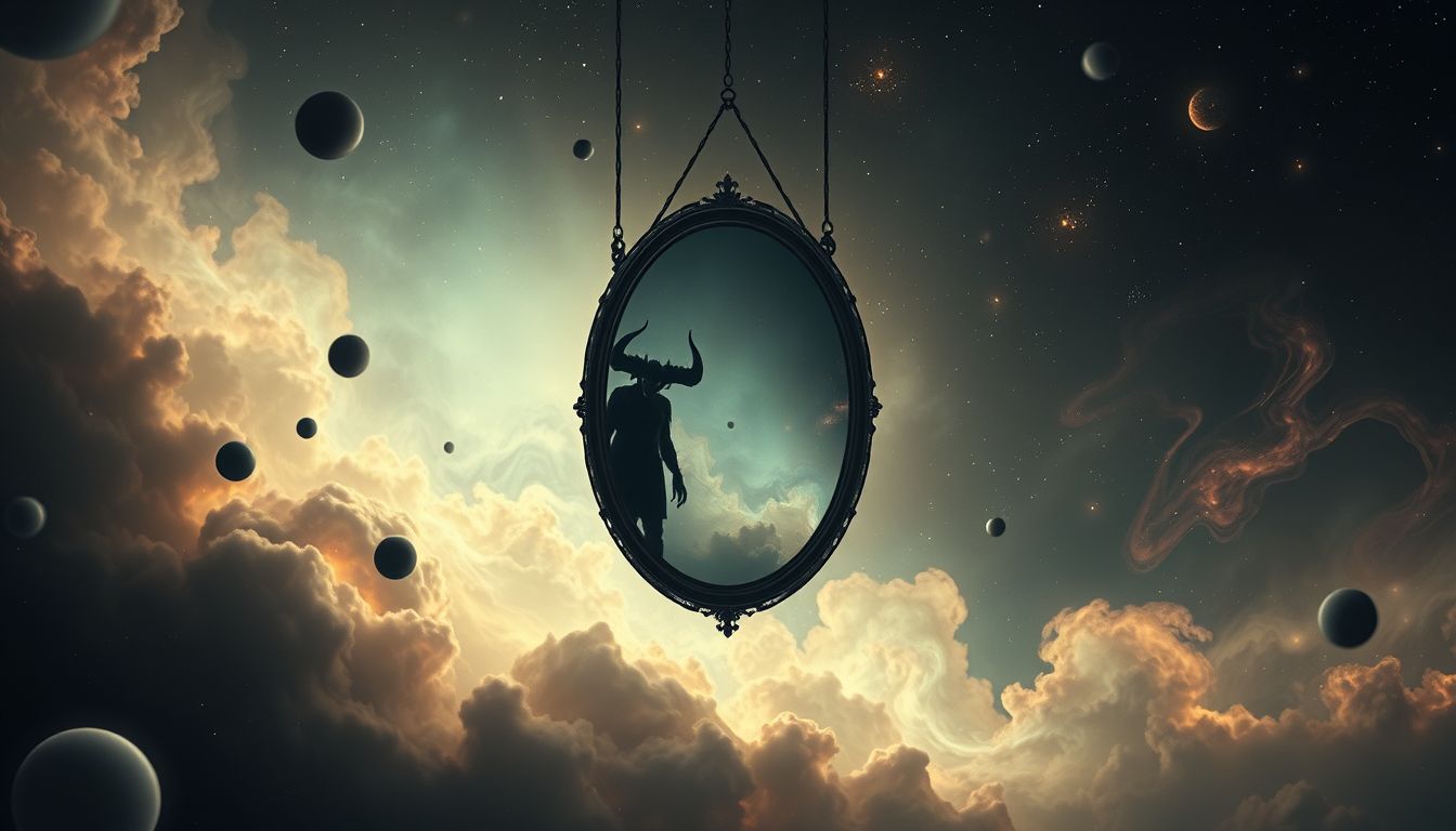 Mephisto im Spiegelbild symbolisiert verborgene eigene dunkle Seiten.