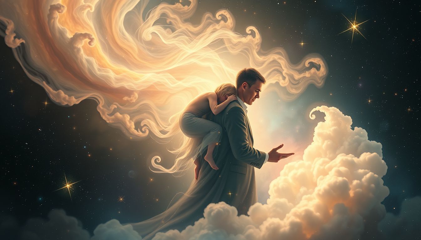 Eine kranke Person auf der Hucke symbolisiert Fürsorge und Belastung.