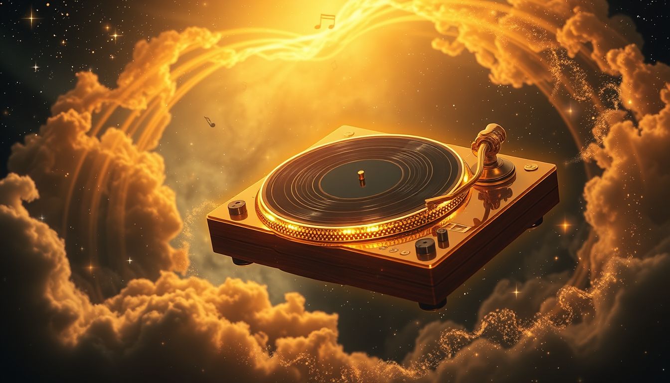Ein goldener Plattenspieler symbolisiert wertvolle Erinnerungen und Nostalgie.