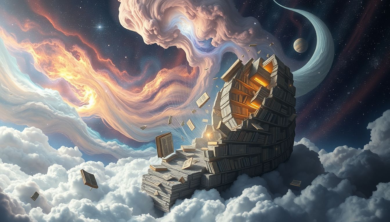 Ein Erdbeben zerstört die Leihbücherei – Verlust von Wissen.