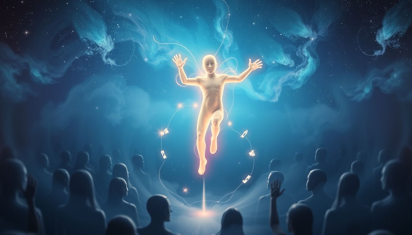 Ein Hampelmann in Menschenmenge symbolisiert Kontrollverlust und Fremdbestimmung.