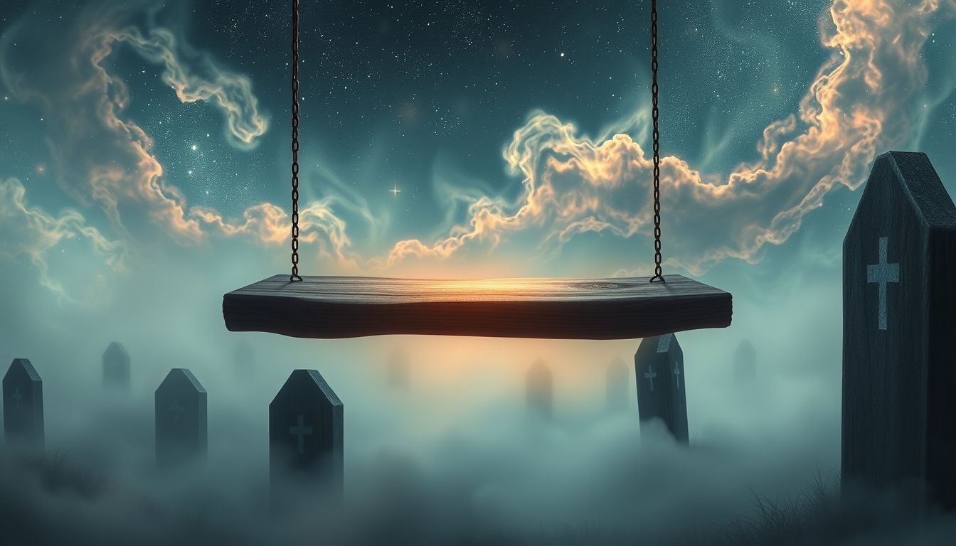 Ein Grabscheit im Nebel symbolisiert verborgene Ängste und Geheimnisse.