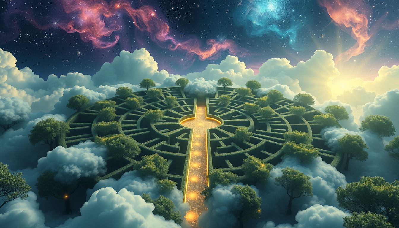 Ein Labyrinth im Traum symbolisiert innere Entscheidungsfindung und Orientierung.