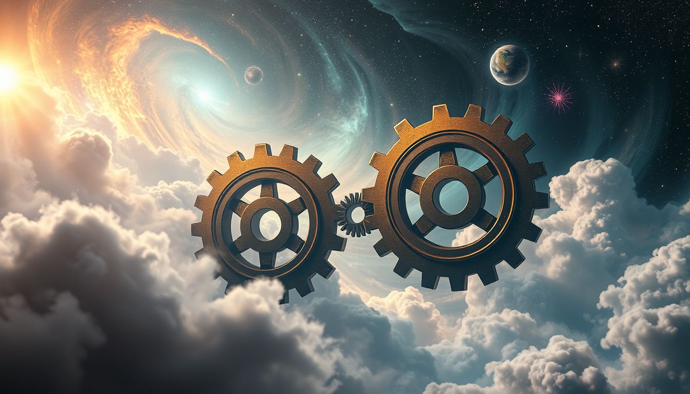 Riesige Zahnräder symbolisieren komplexe Lebensmechanismen und Kontrollverlust.