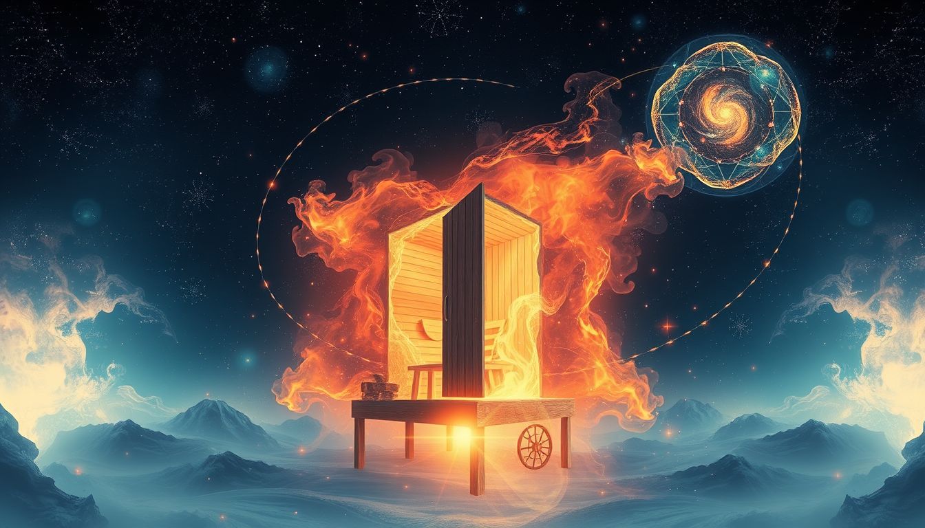 Eine brennende Sauna symbolisiert innere Konflikte und emotionale Reinigung.