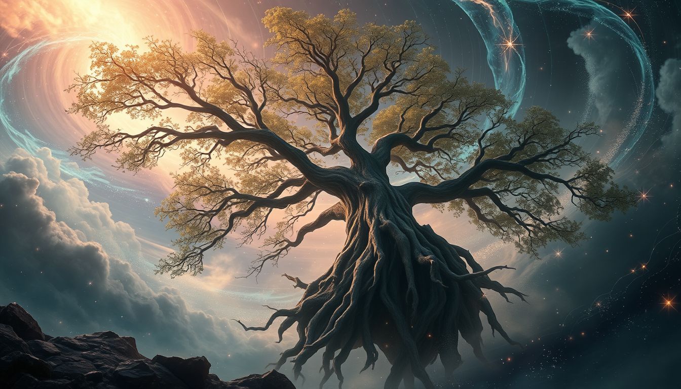 Ein Sturm, der eine Esche entwurzelt, symbolisiert plötzliche Veränderung.