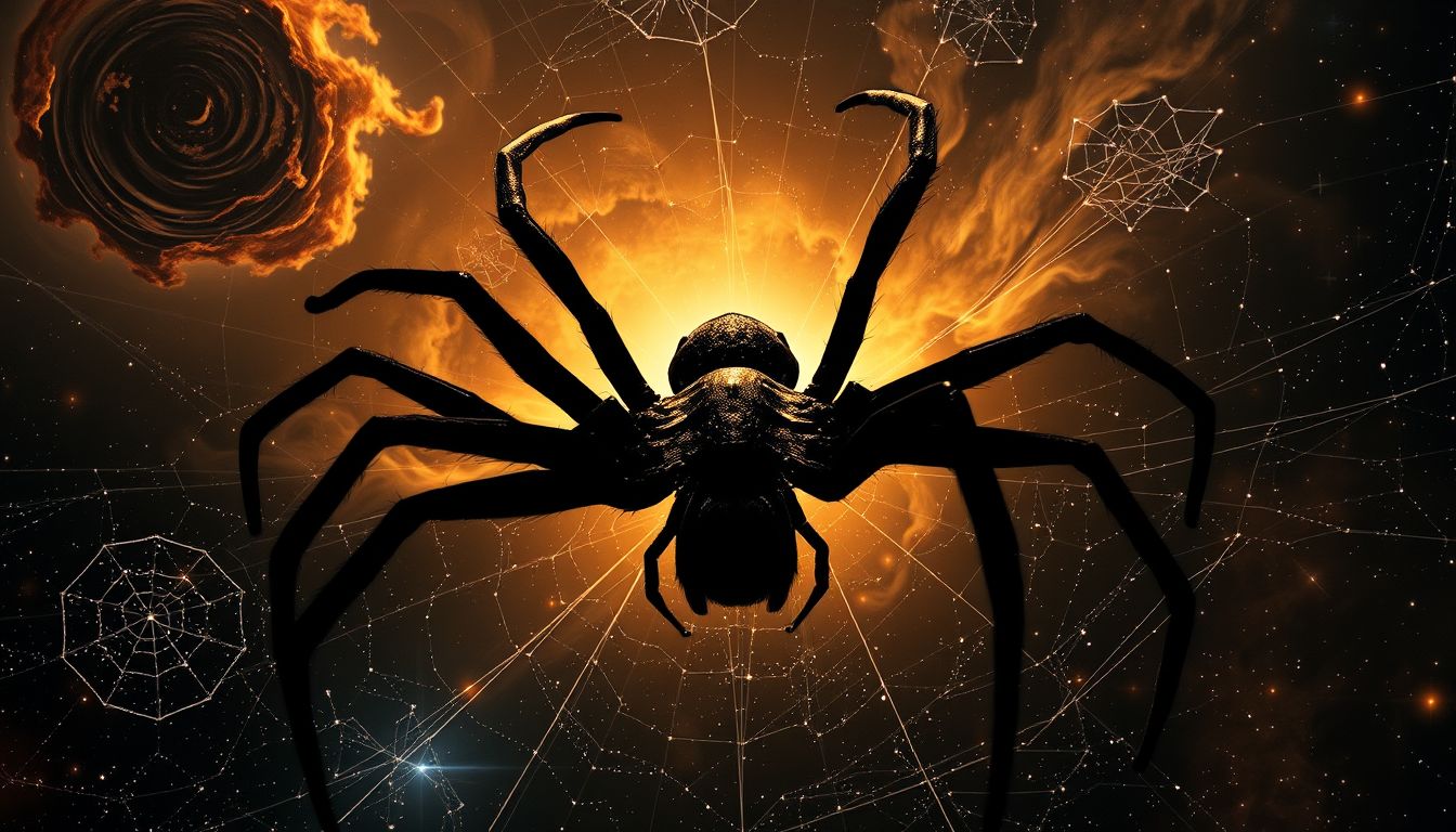 Eine große schwarze Giftspinne symbolisiert verborgene Bedrohungen im Traum.