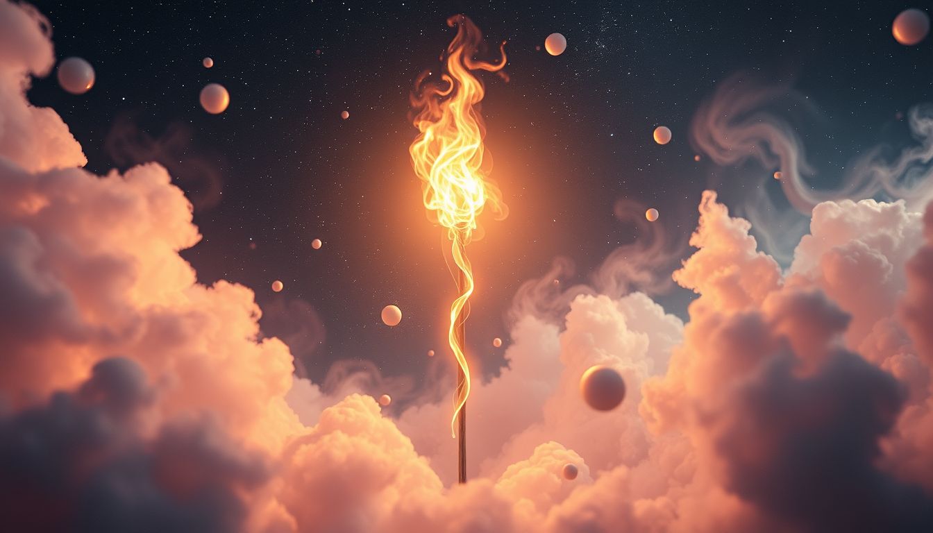 Ein brennender Drehspieß symbolisiert innere Konflikte und Transformation.