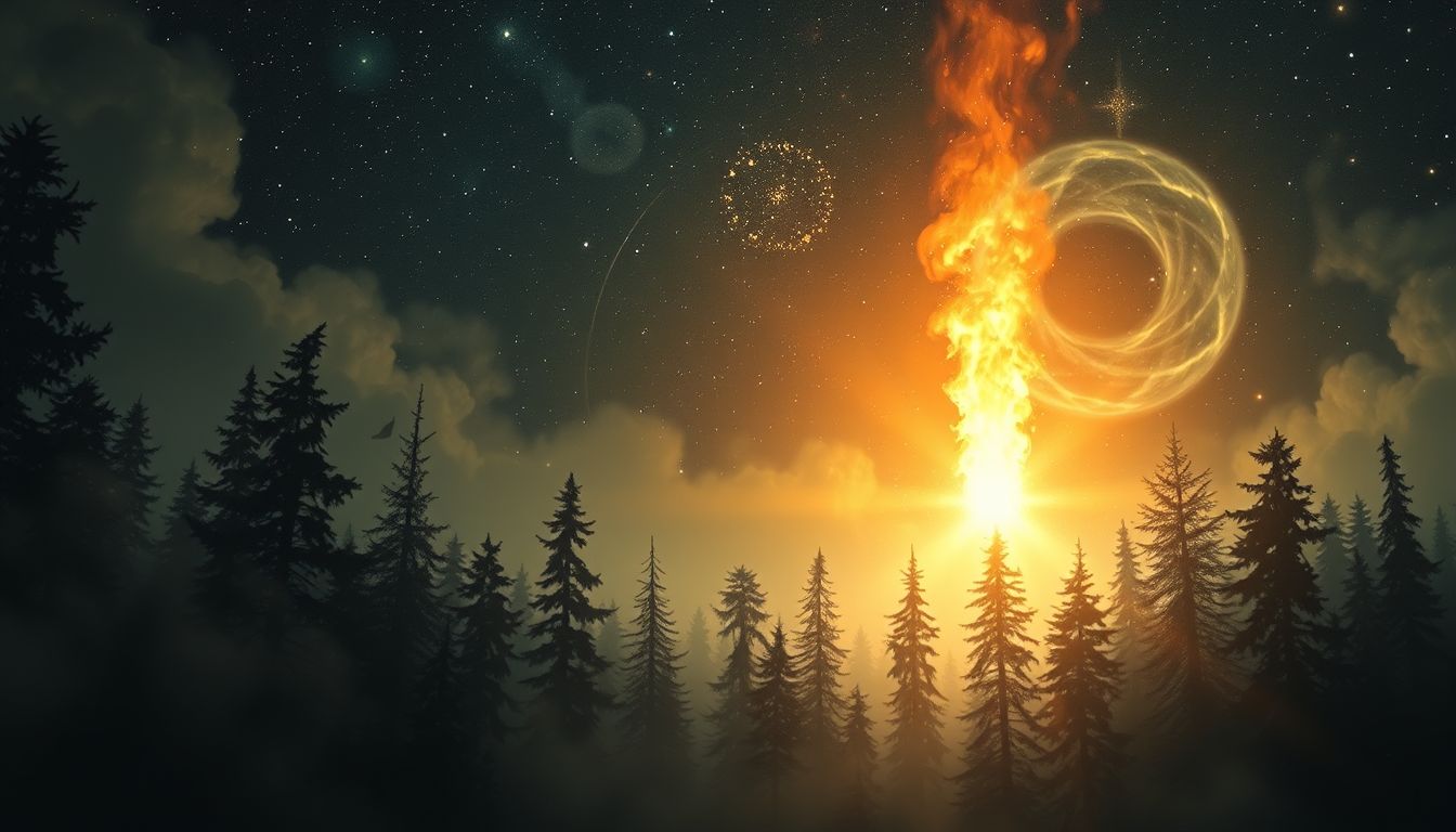 Ein Signalfeuer im Wald symbolisiert Hoffnung und inneren Schutz.