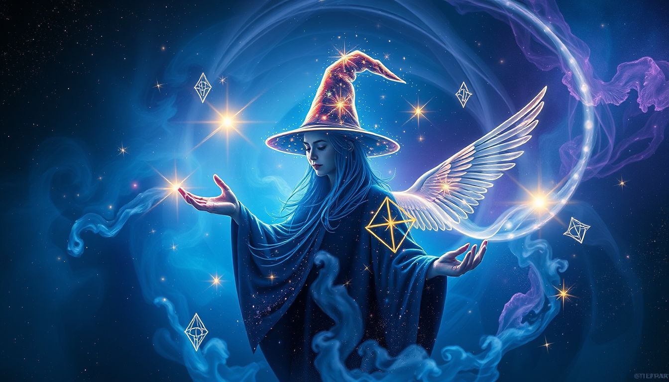 Ein Zauberer mit Spitzhut symbolisiert Weisheit und magische Veränderung.