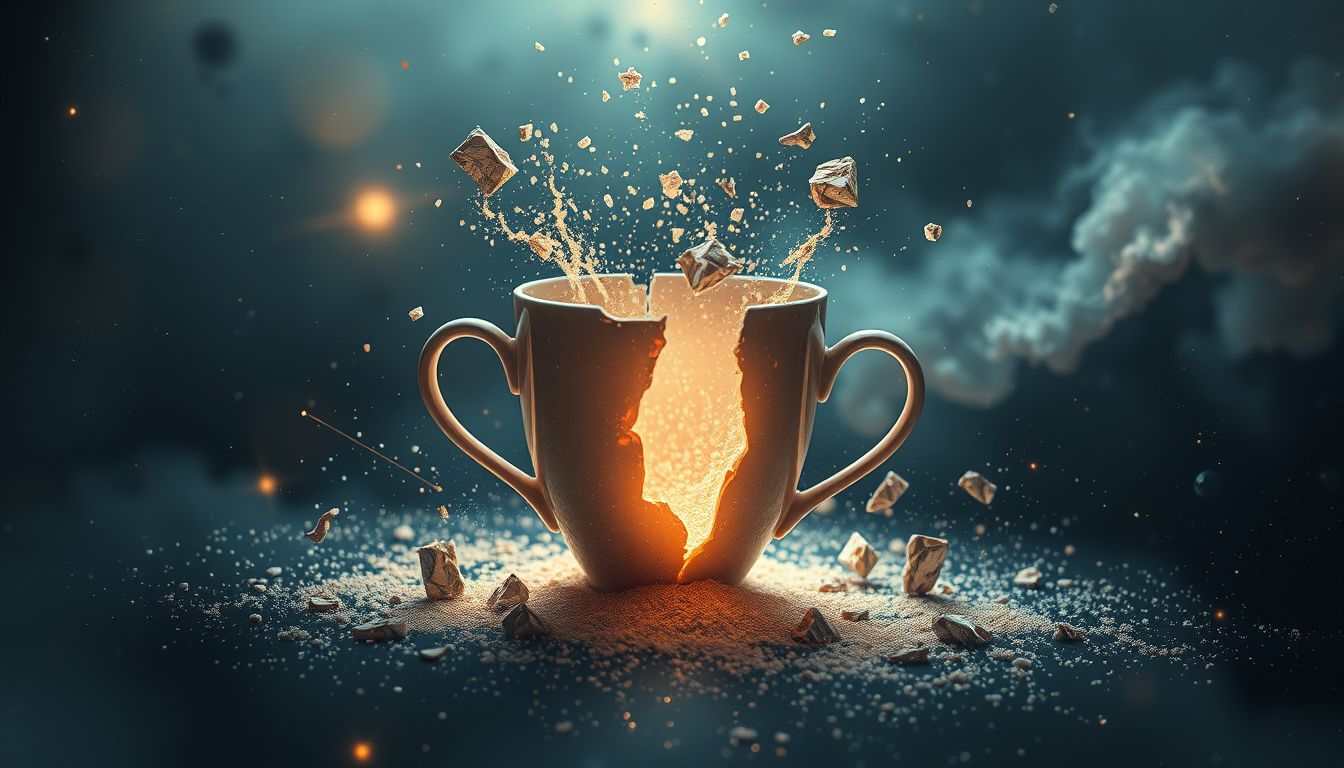 Eine gebrochene Tasse symbolisiert oft verlorene Nähe und Geborgenheit.