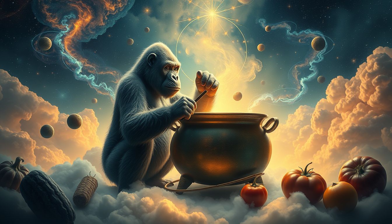 Ein kochender Gorilla symbolisiert kreative Kraft und unerwartete Fähigkeiten.
