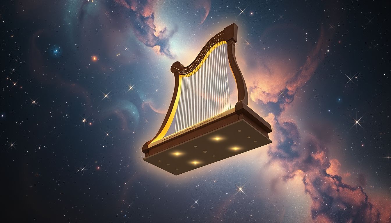 Ein schwebendes Cembalo symbolisiert spirituelle Erleuchtung und kreative Inspiration.
