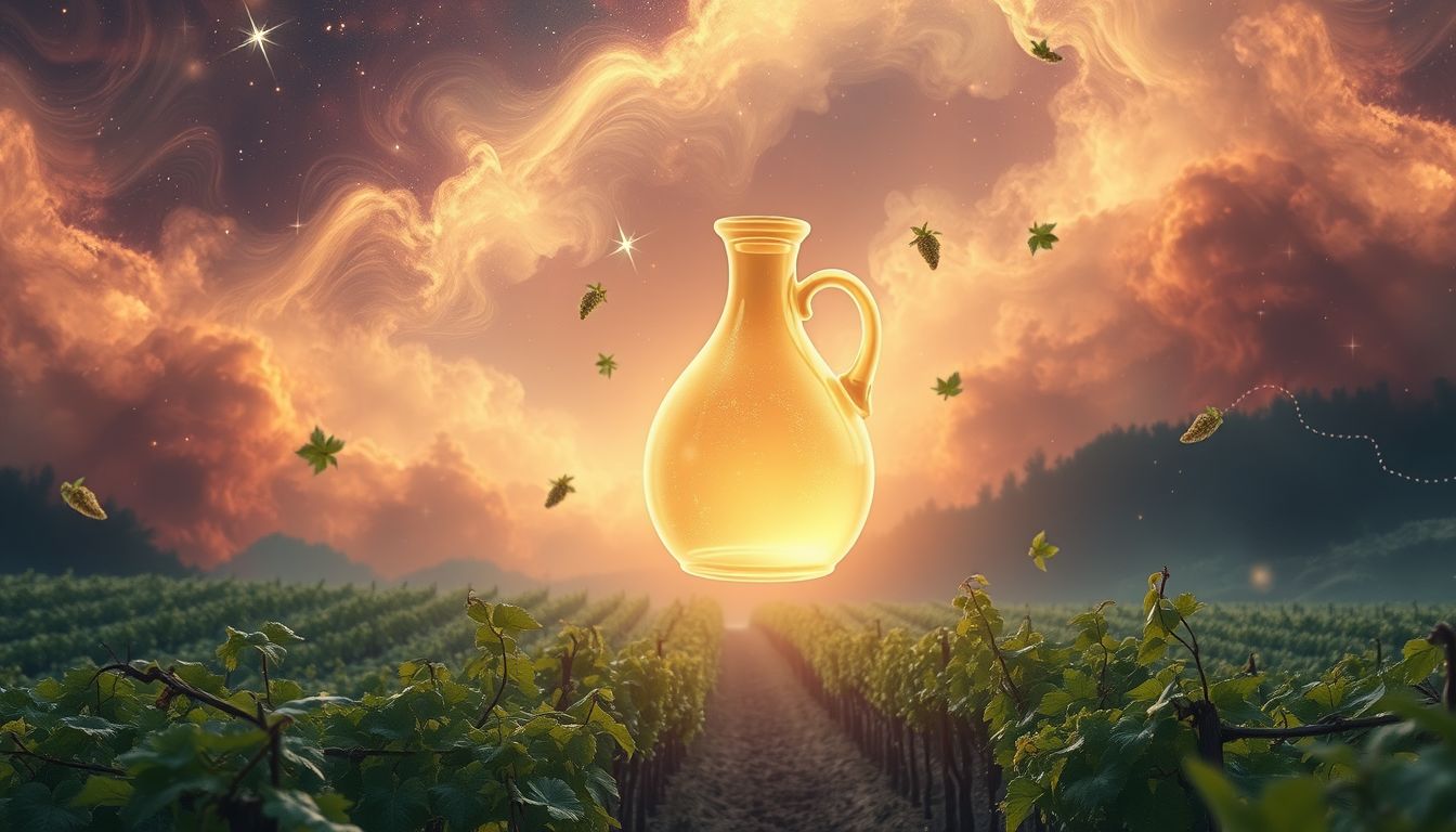 Ein Weinkrug im Weinberg symbolisiert reiche Fruchtbarkeit und Wachstum.