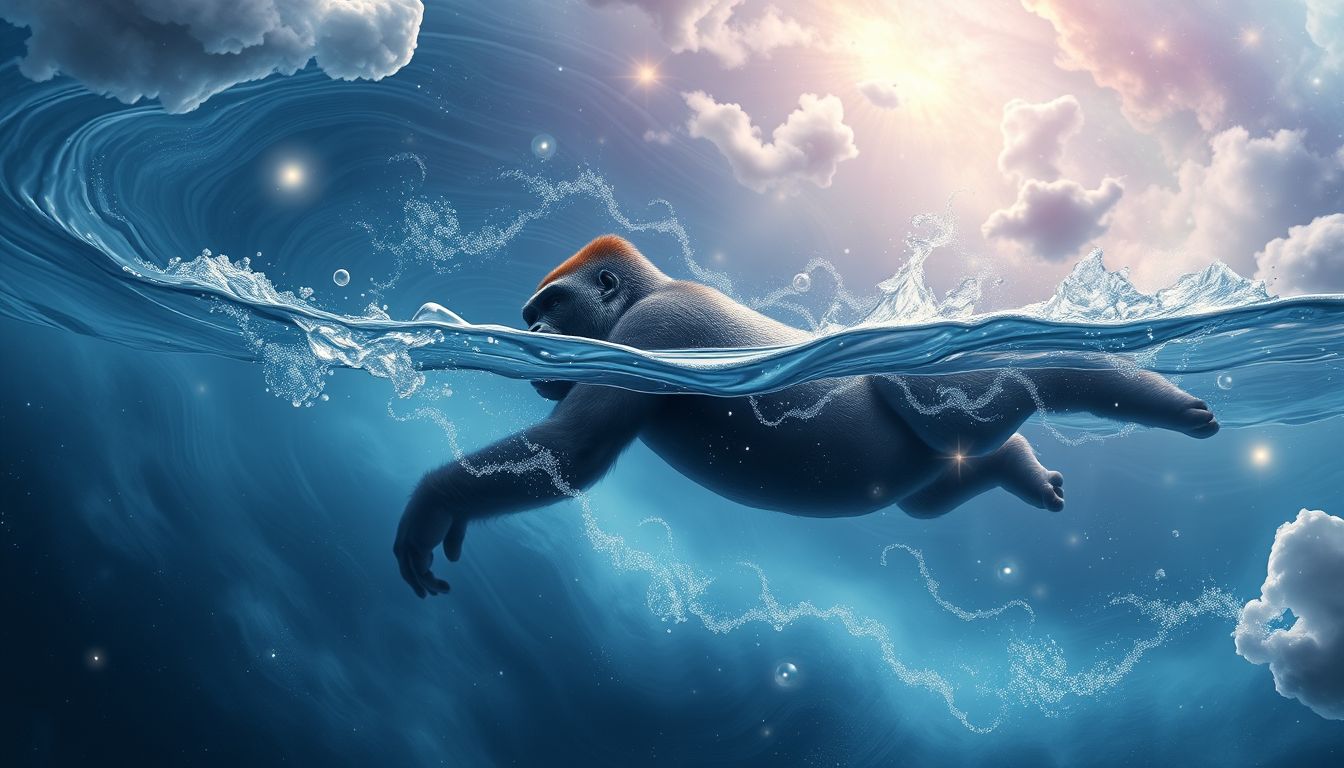 Ein schwimmender Gorilla symbolisiert emotionale Stärke und Anpassungsfähigkeit.