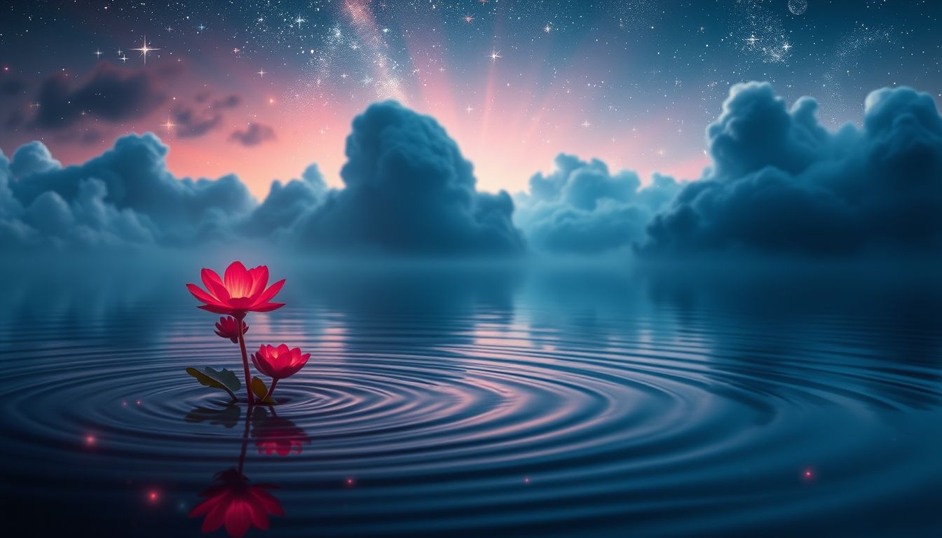 Ein roter Klee am Wasser symbolisiert verborgene emotionale Heilung.