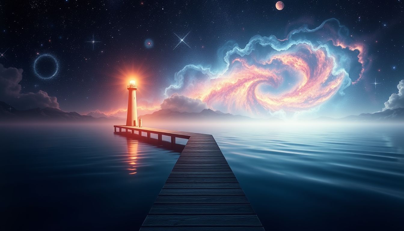 Ein Leuchtturm am Dock symbolisiert Sicherheit und innere Führung.