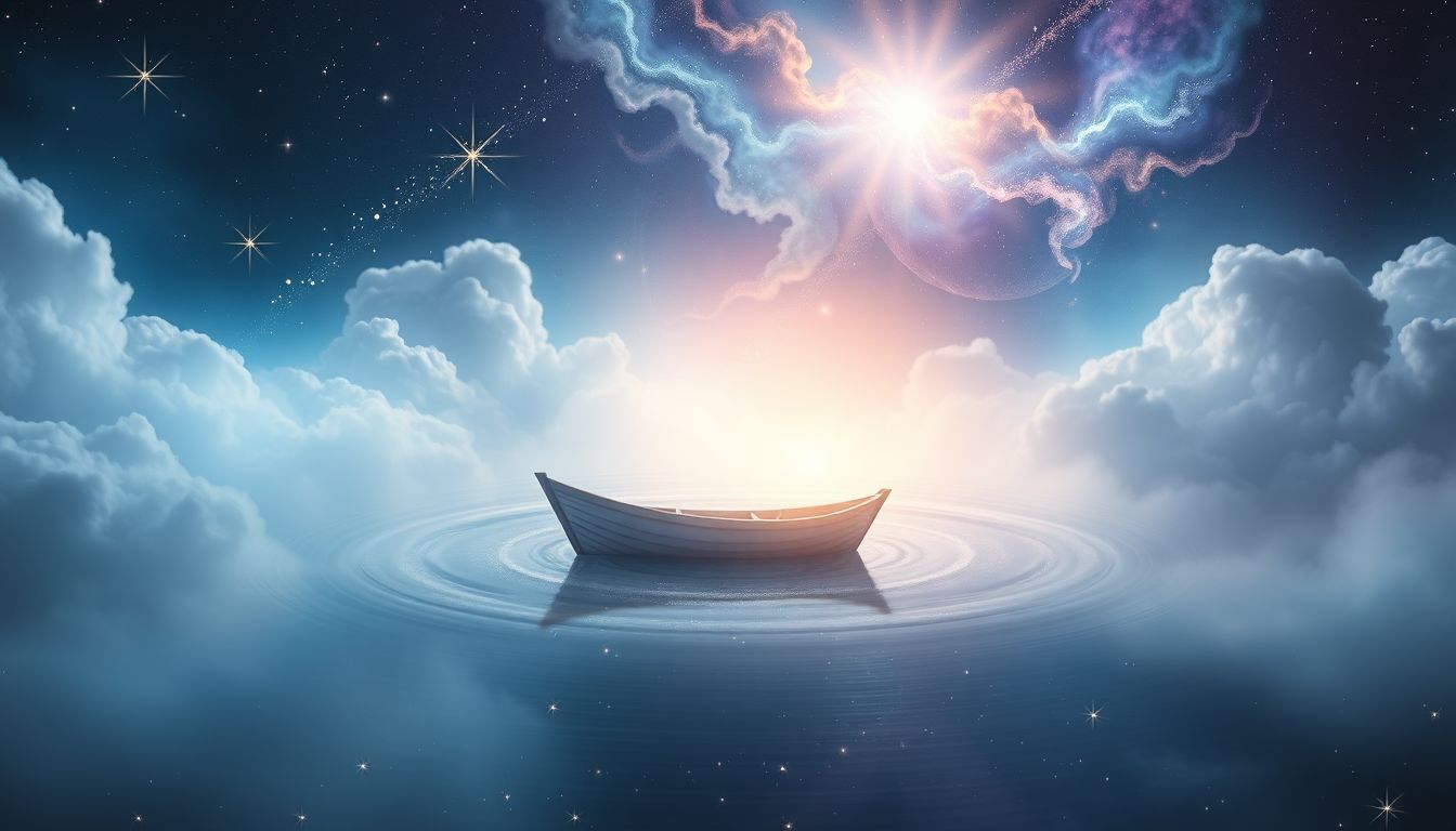 Ein Boot im Teich symbolisiert Reise und innere Einkehr.