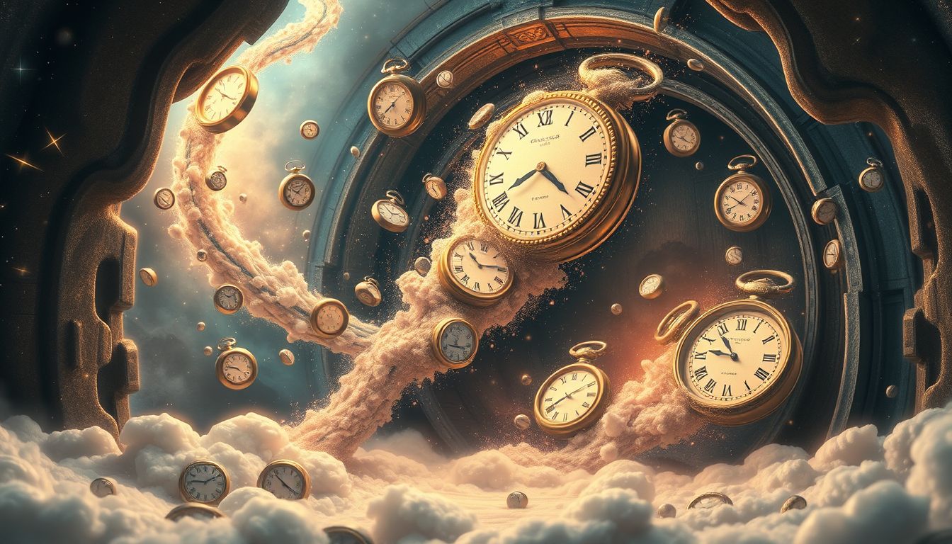 Ein Tresorraum voller Uhren symbolisiert verlorene Zeit und Vergänglichkeit.