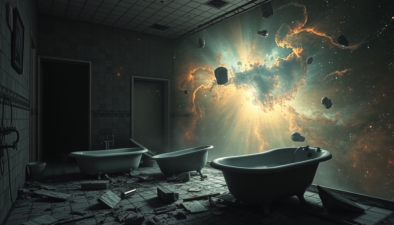 Das Baden in einem heruntergekommenen Bad symbolisiert innere Reinigung trotz Widrigkeiten.