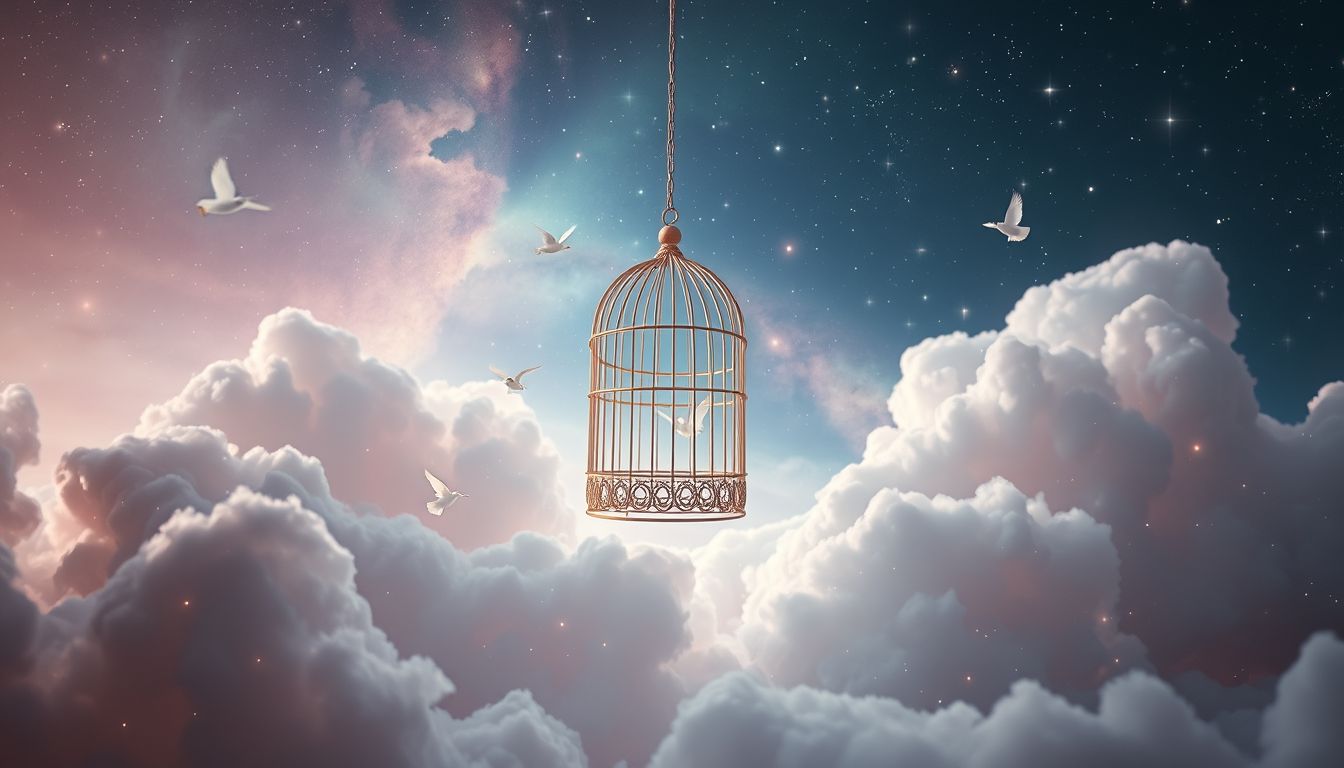 Der kleine Vogelbauer symbolisiert Schutz und Sehnsucht nach Freiheit.