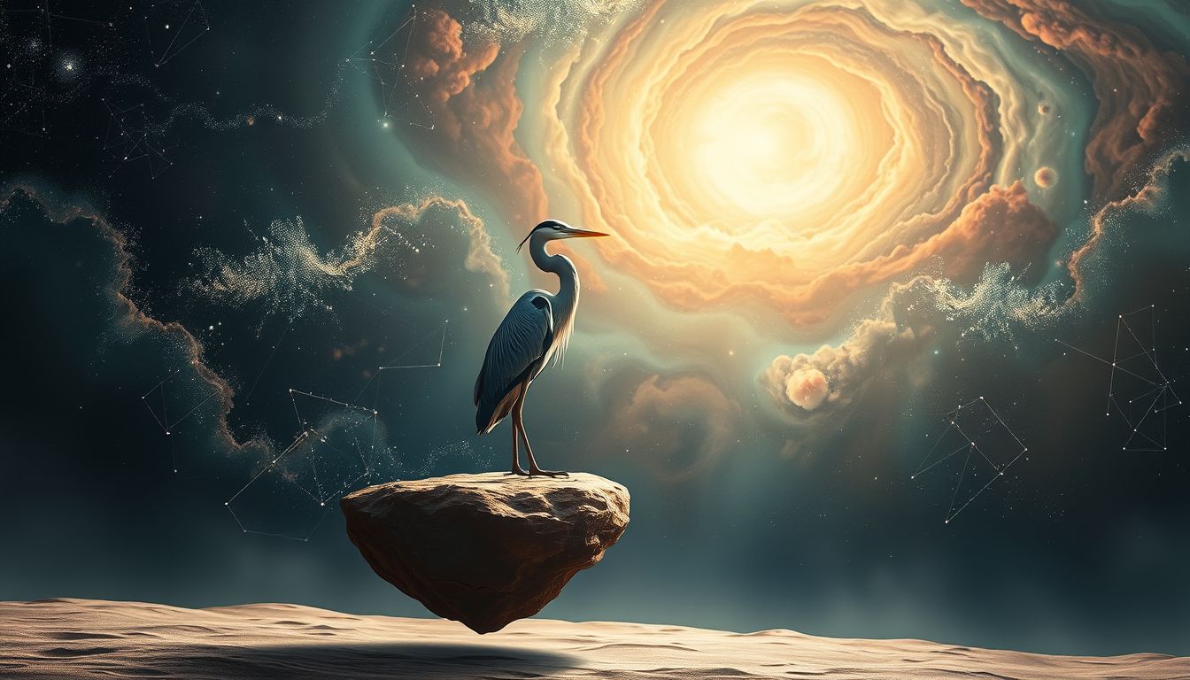 Ein Reiher auf trockenem Land symbolisiert Anpassung und Überlebenswillen.