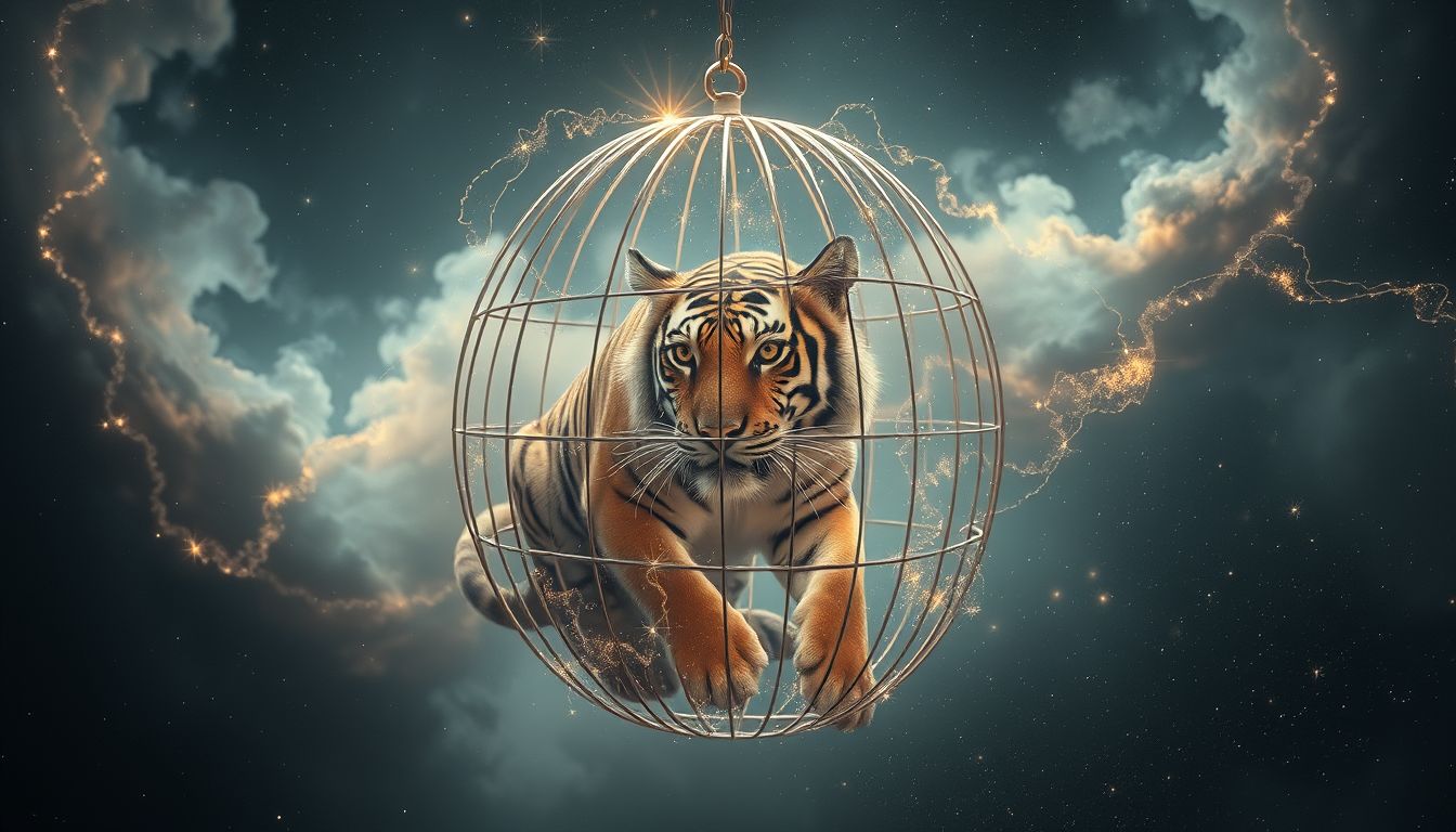 Ein Tiger im Käfig symbolisiert oft innere Konflikte und Freiheitsdrang.